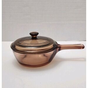 Corning Vision Ware Amber Pyrex Glass 0.5L Sauce Pan/Pot USA With Lid Used